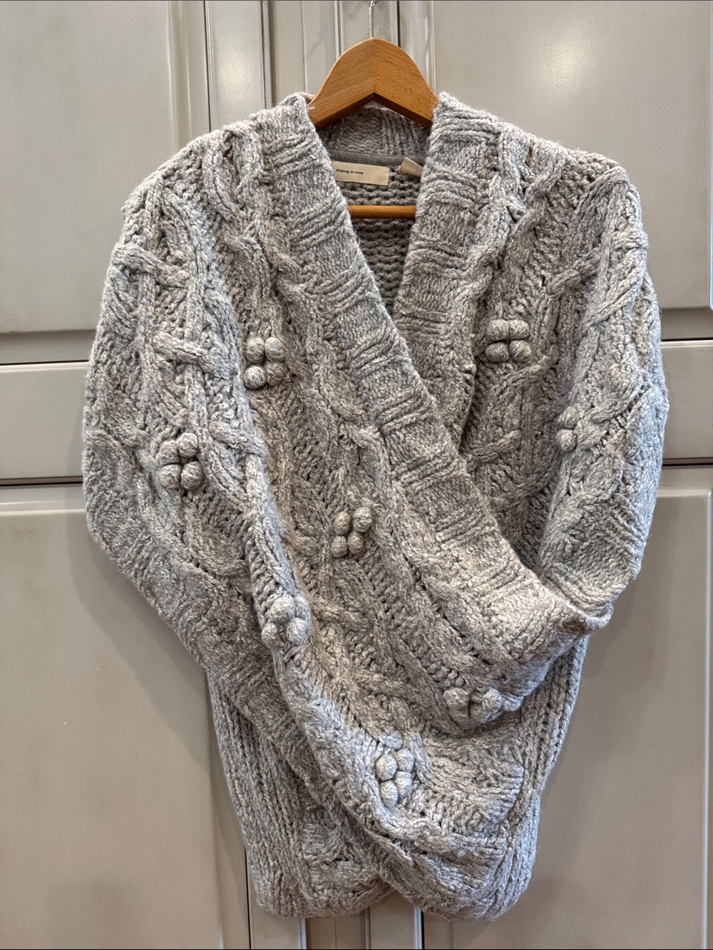 Anthro Chunky Cable Bobble Wrap Cardigan - Light Gray